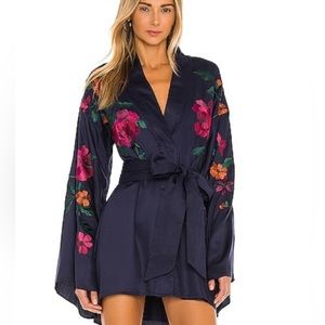 House of Harlow 1960 x Revolve Mika Kimono Embroidered Tie Dress Blue Navy SMALL